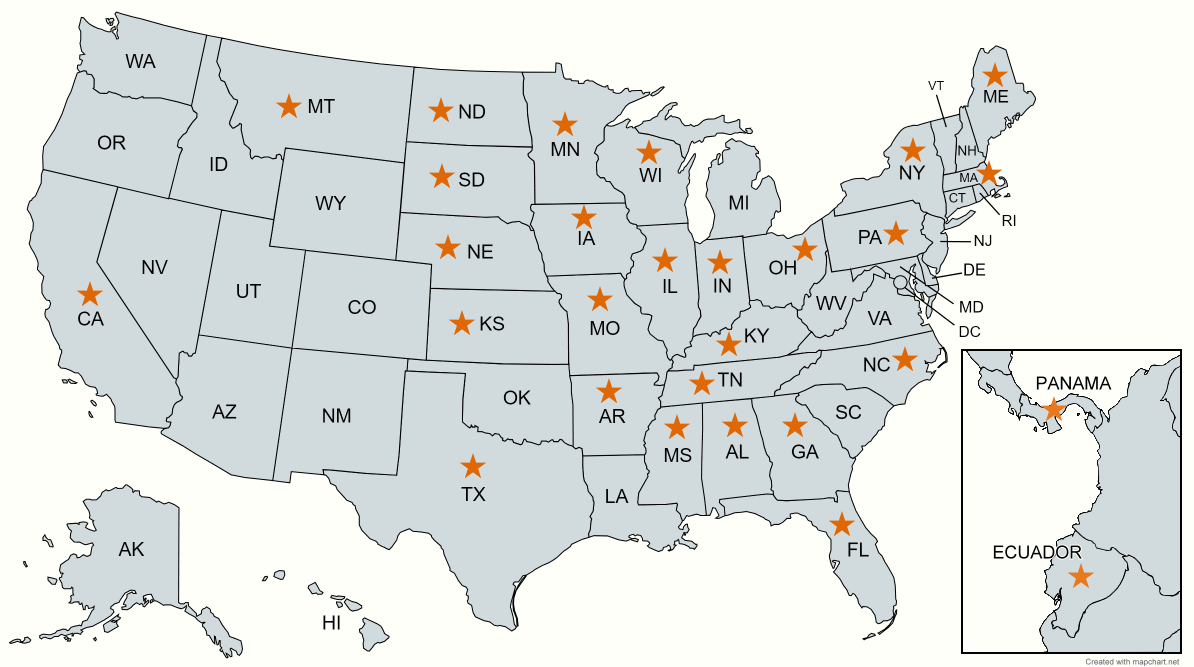 APAG Suppliers in the United States, Panama and Ecuador - Created with mapchart.net